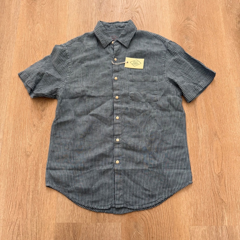 Alex Crane Ola Shirt Men Medium Blue Stripe 100% Linen Short Sleeve Button Down